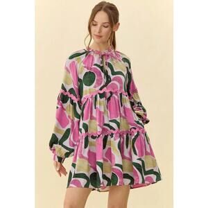 NWT Jodiful Good Graces Abstract Tiered Mini Dress Pink Mod Babydoll Rickrack L